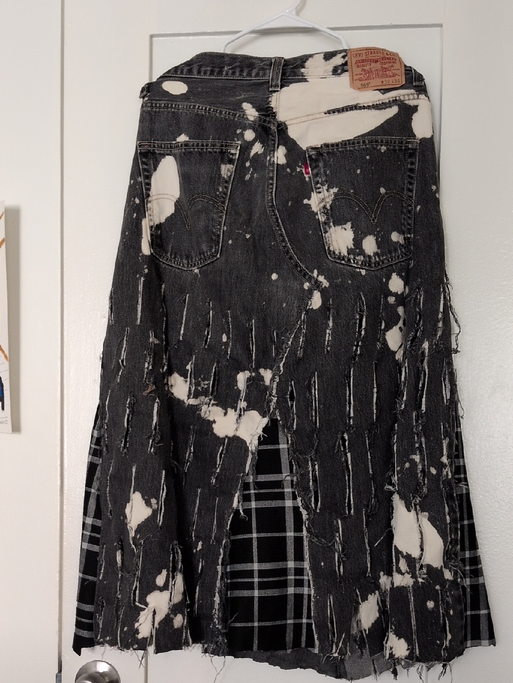 Levi's Black Bleached Distressed Denim Skirt with Plaid Inset